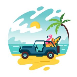 jeep on beach with flamingo